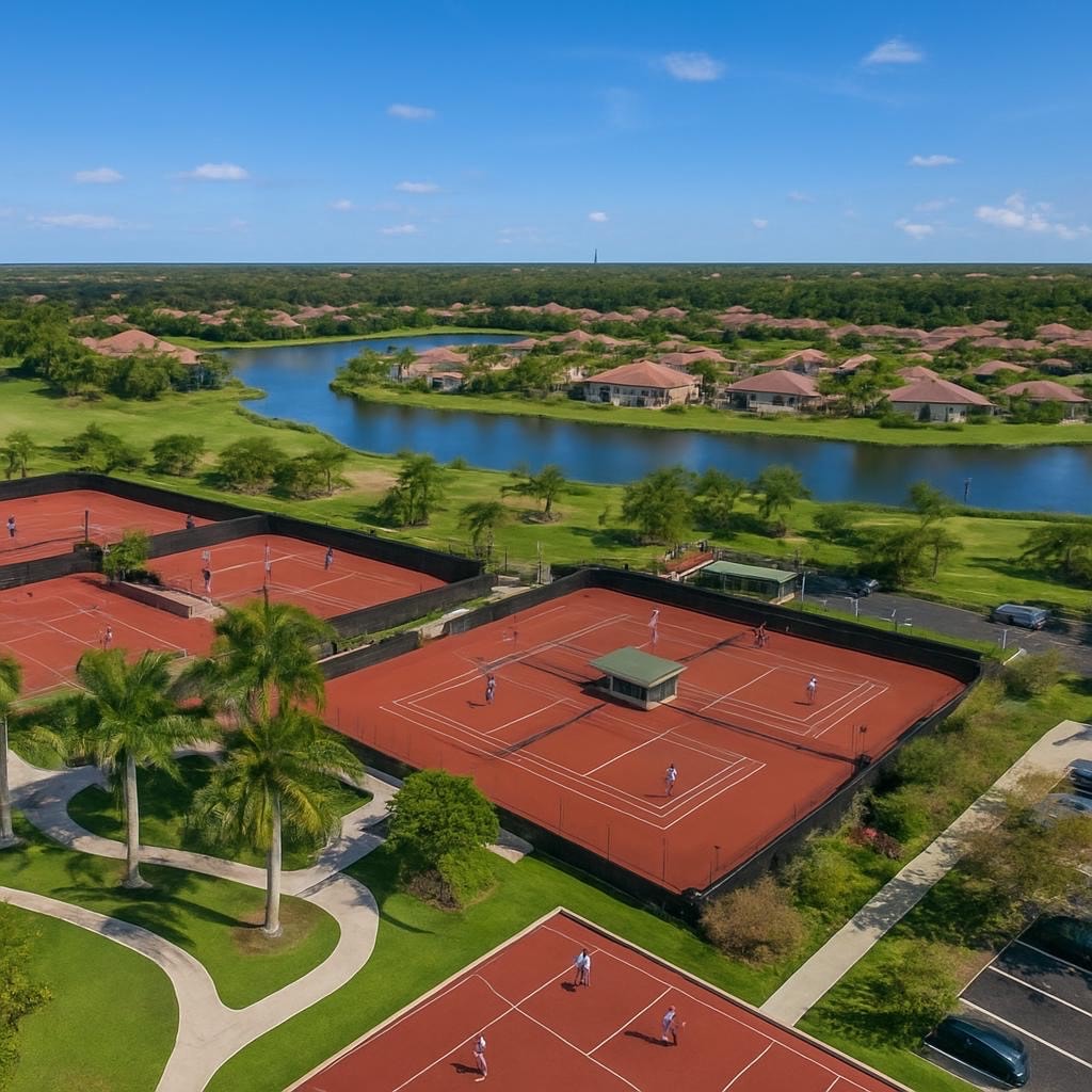 An aerial view of the Renaissance golf community in Fort Myers showcases a beautifully designed championship golf course surrounded by luxury homes and preserved wetlands, highlighting the area's unique combination of natural beauty and upscale living. The image captures the essence of this gated community, which offers a resort-style lifestyle with amenities such as a fitness center, spa services, and various social activities.
