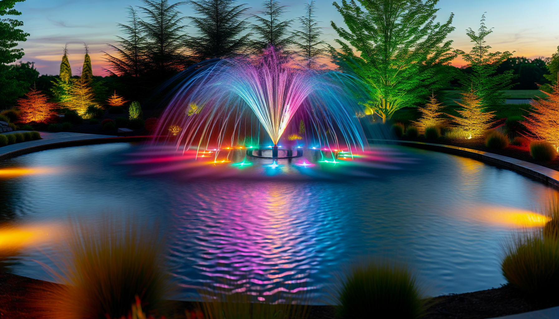 LED illuminated pond fountain in the evening