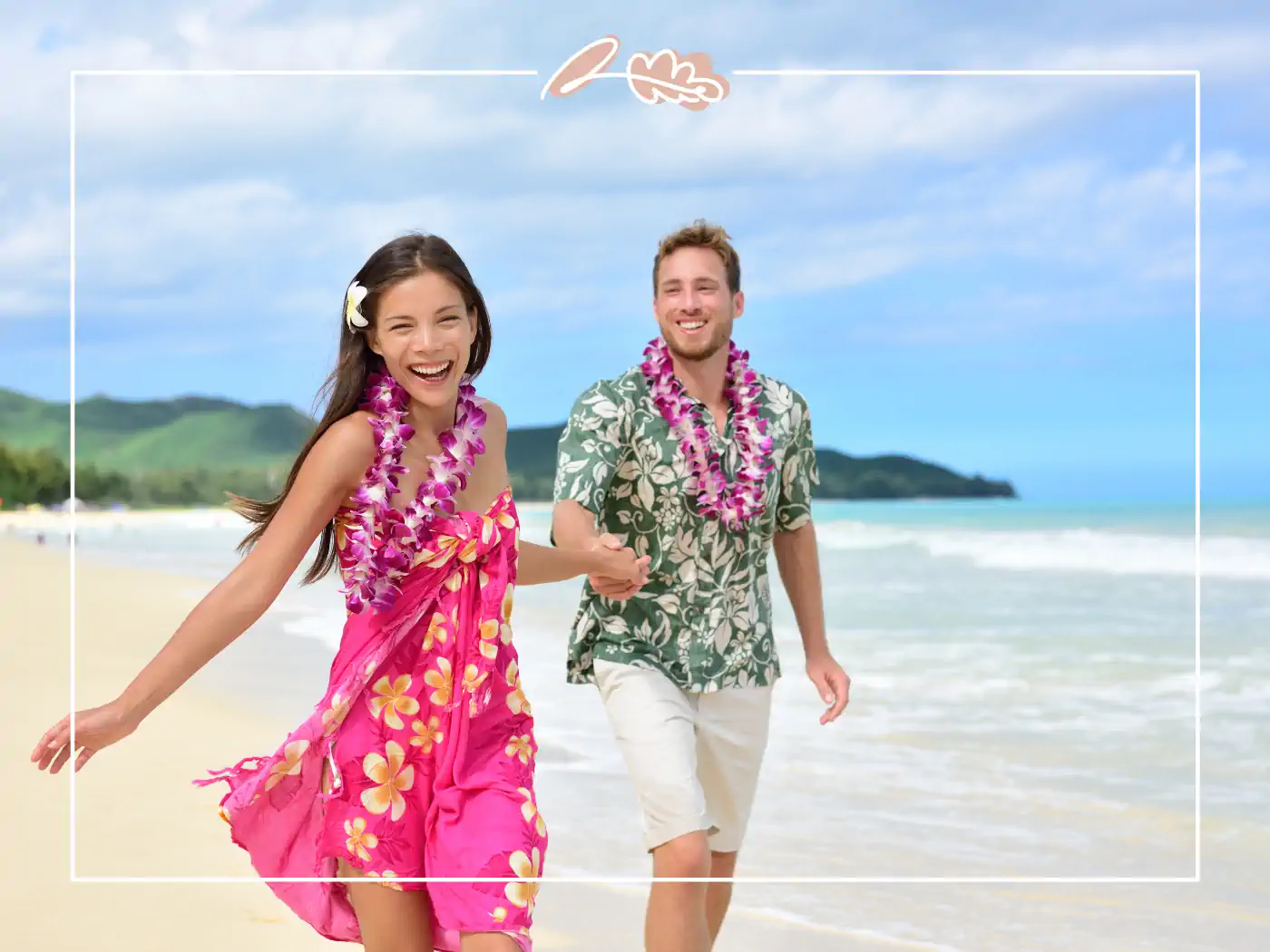 A cheerful couple dressed in tropical attire, running hand in hand on a sunny beach. Fabulous Flowers and Gifts.