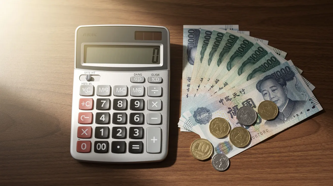 The image features a calculator placed next to several Hong Kong dollar bills and coins on a wooden desk, creating a scene that suggests financial calculations or budgeting. The arrangement highlights the importance of managing cash and understanding loan applications in personal finance.