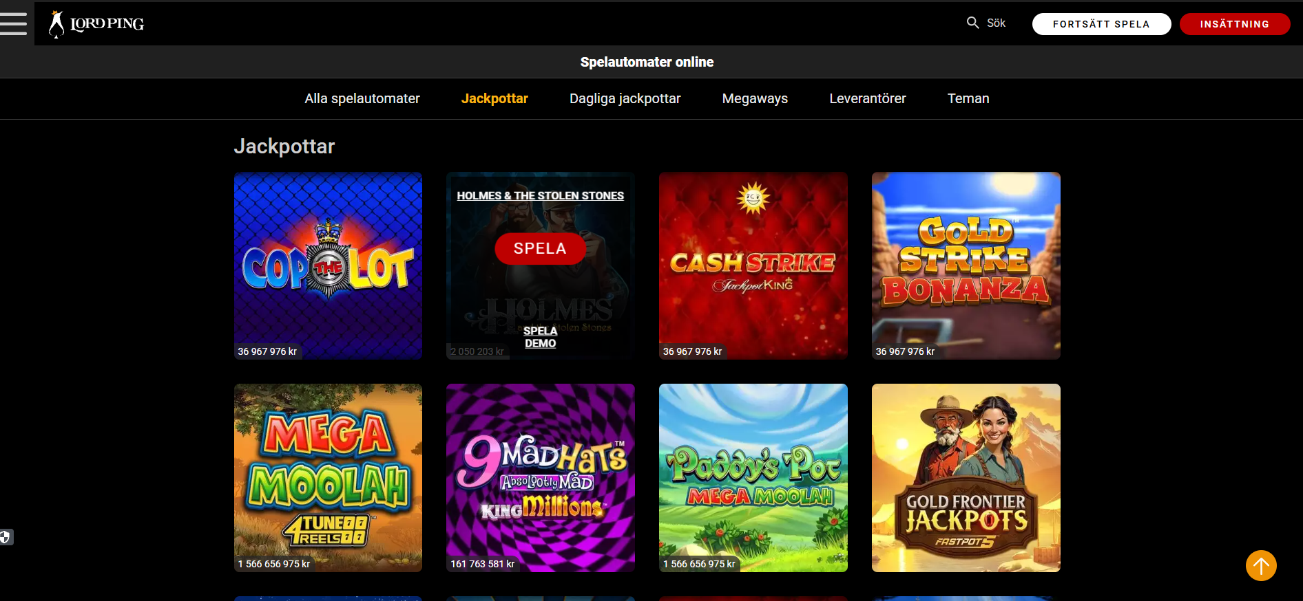 Lord Pings utbud av jackpotspel.