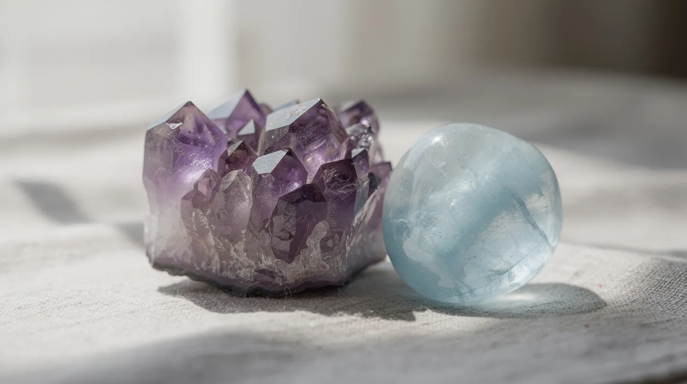 A beautiful arrangement features a purple amethyst cluster alongside a soft blue aquamarine, both resting on light fabric, showcasing their vibrant colors and classic beauty. These gemstones represent the birthstones for February and March, embodying qualities of clarity and wisdom, while adding a touch of elegance to any jewelry piece.