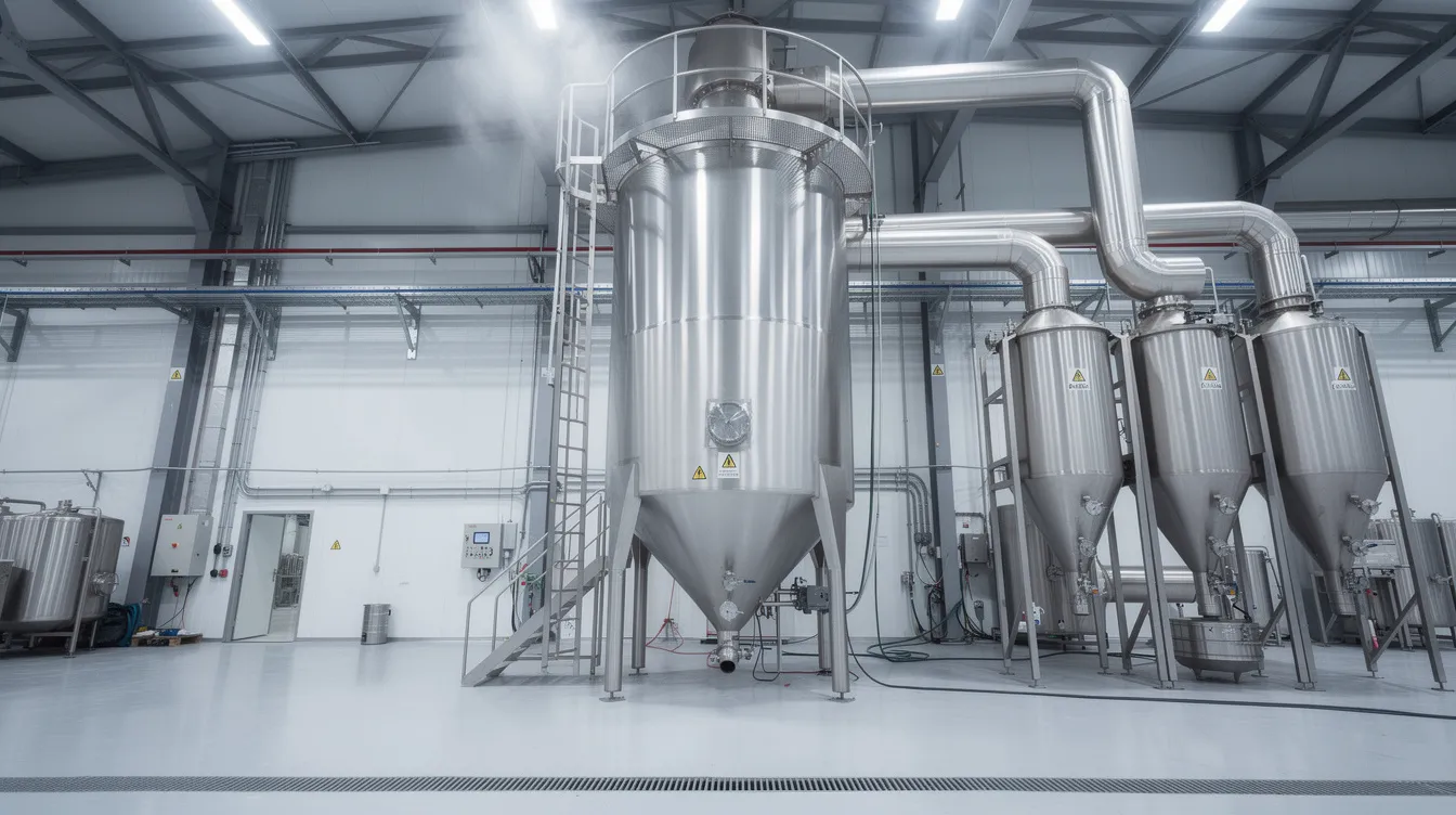 The image depicts a large industrial spray drying tower with a sleek stainless steel exterior, connected to cyclone separators, within a food processing plant focused on whey protein production. This setup is essential for transforming liquid whey into high-quality whey protein isolate and concentrate, crucial for the nutritional value of protein powders and dietary supplements.