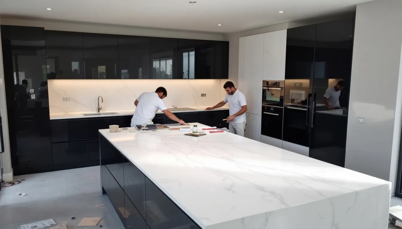 An installation process of quartz worktops in a kitchen setting.