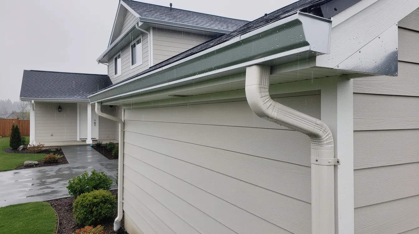 The image shows a clean residential home exterior featuring a new aluminum gutter system and downspouts, designed to effectively direct water away after heavy rain. The seamless gutters are installed neatly along the roofline, preventing debris accumulation and protecting the house from potential water damage.