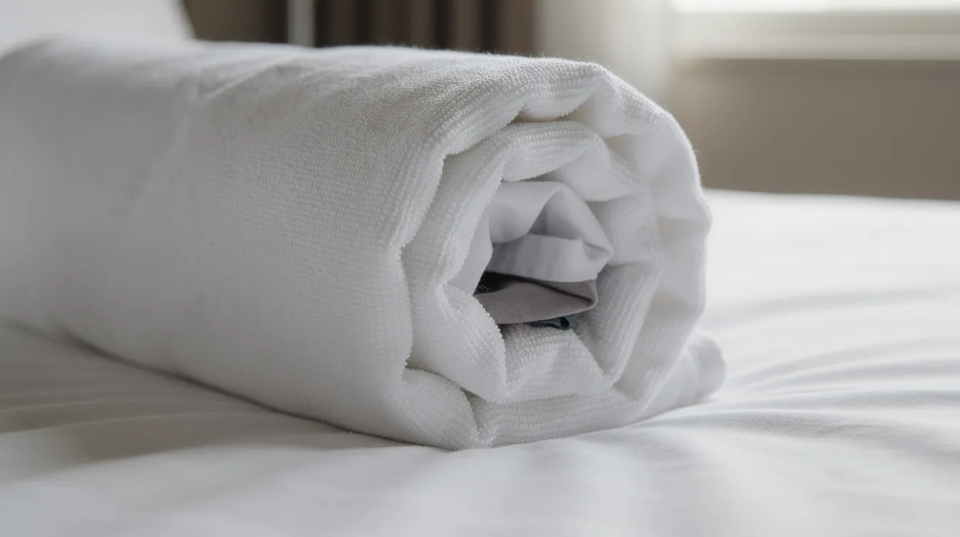 A tightly rolled white hotel towel sits on a bed, with a piece of clothing partially visible inside the roll, suggesting a makeshift technique for drying damp clothes in a hotel room. This method can help maximize surface area for drying and reduce moisture from garments like t-shirts or socks.