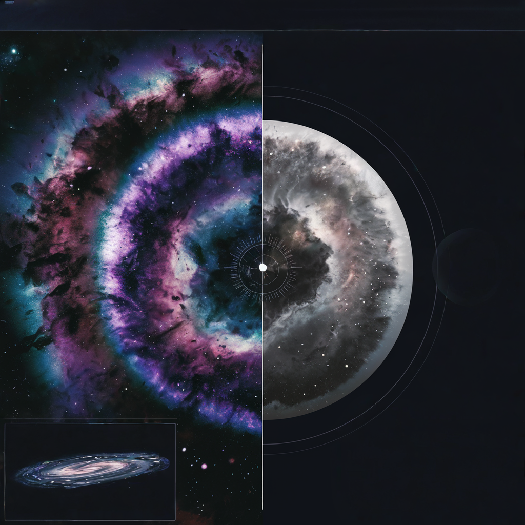 Split-screen technical visualization showing dark frame calibration process, left side showing raw astronomical image with noise, right side showing cleaned final image - ideogram 1.0Turbo