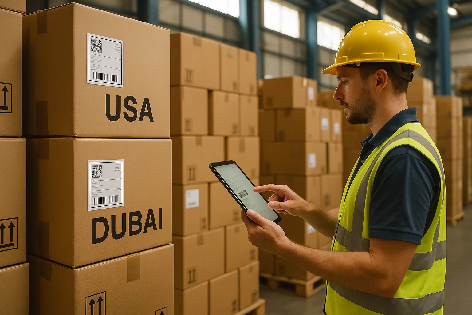 Shipping boxes labelled for USA and Dubai, symbolising international SEO expansion.