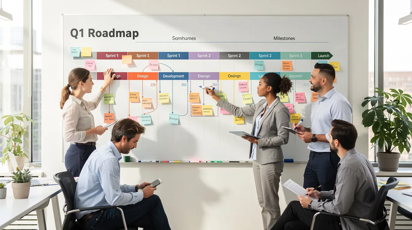 A team is gathered in a bright office workspace, collaboratively planning a timeline on a whiteboard, which highlights key components of their cybersecurity strategy, including risk assessments and incident response procedures to combat potential cyber threats. The atmosphere is focused, reflecting their proactive approach to enhancing security measures and protecting sensitive data.