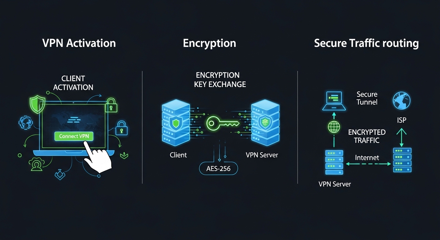 Modern cybersecurity infographic explaining VPN client activation, encryption key exchange, and secure traffic routing.