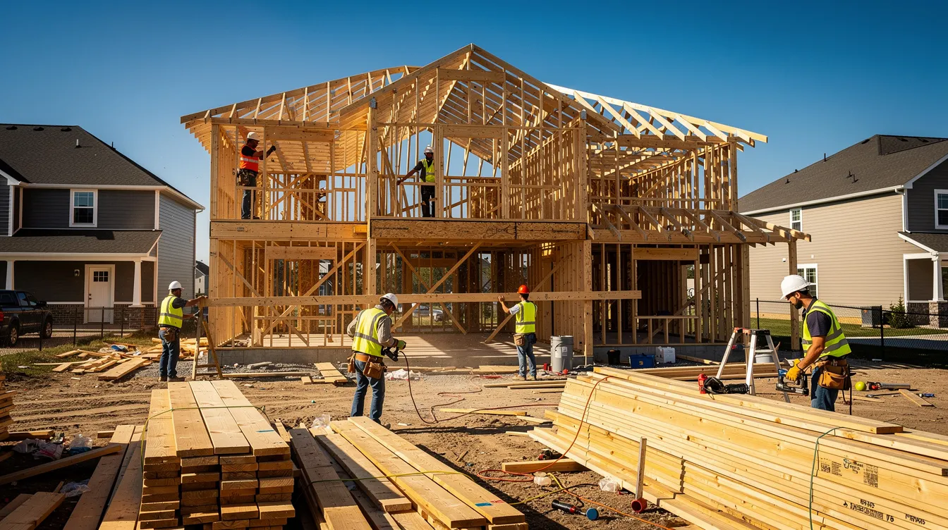The image shows construction workers actively engaged on a residential building site under bright sunlight, surrounded by materials and equipment essential for the project. This scene reflects the ongoing real estate development, which may involve various financing options like hard money loans for real estate investors looking to expand their portfolios in Florida.