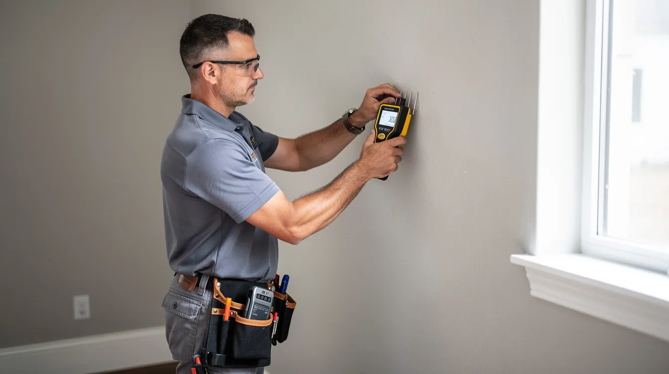 A professional technician is using a handheld moisture meter against an interior wall to detect signs of hidden water damage, such as moisture readings that could indicate plumbing leaks or slow leaks. This specialized equipment helps identify potential issues like mold growth and structural damage before they lead to further damage in homes.
