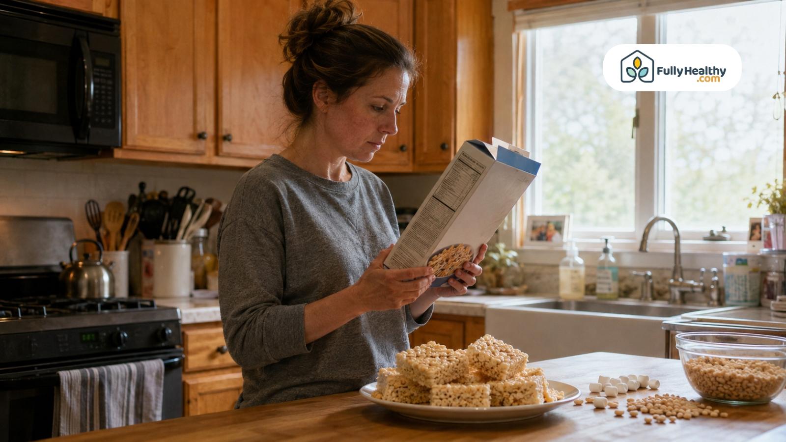 Woman reading cereal box ingredients beside homemade rice crispy treats in kitchen