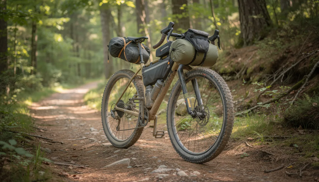 A gravel bike is set up for bikepacking on a forest trail, featuring ultralight tents and gear bags attached for storage. The scene showcases the bike's sturdy frame, equipped with a lightweight tent and trekking poles, ideal for backpacking adventures in inclement weather.