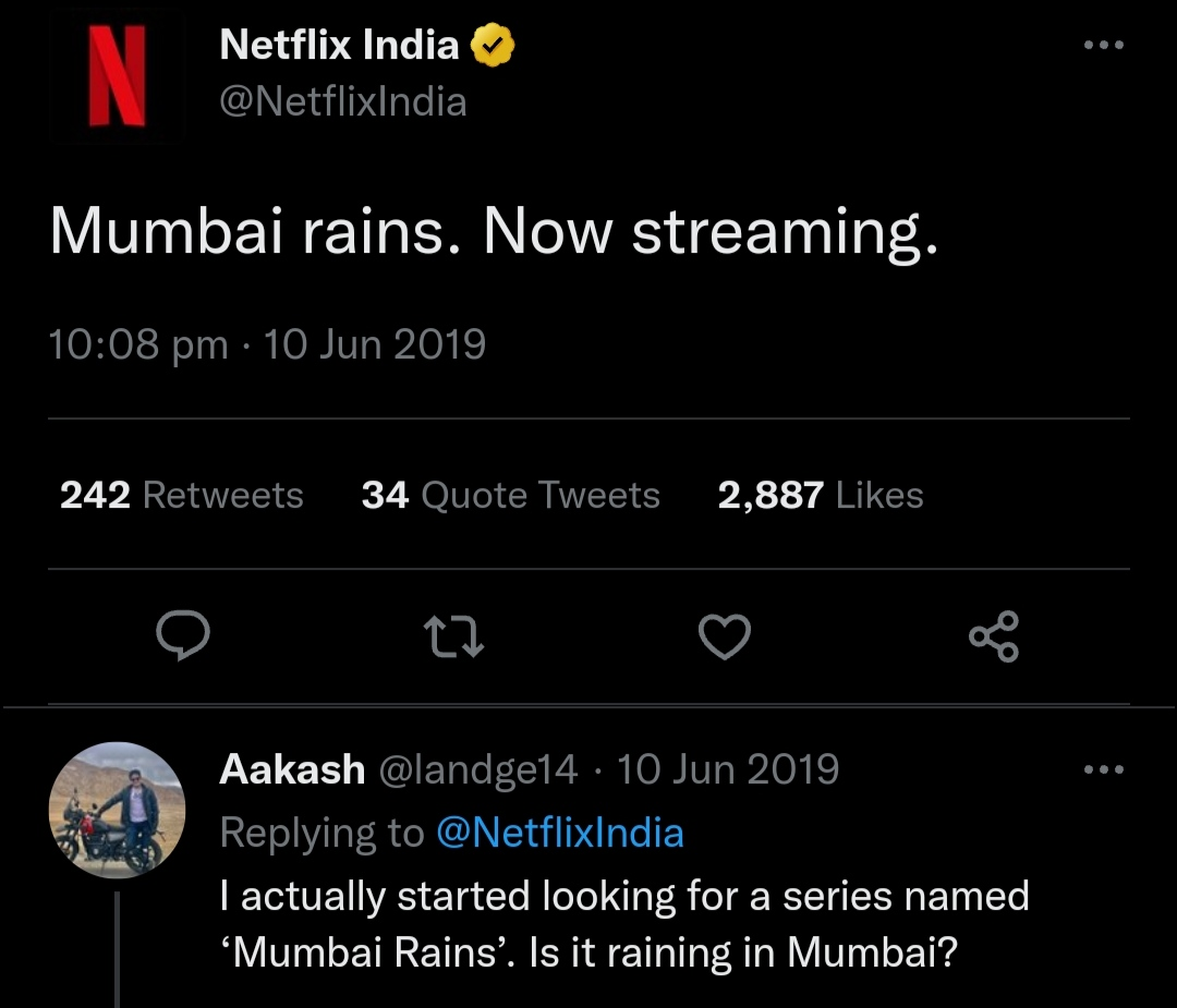 Netflix India's Tweet on Mumbai Rains