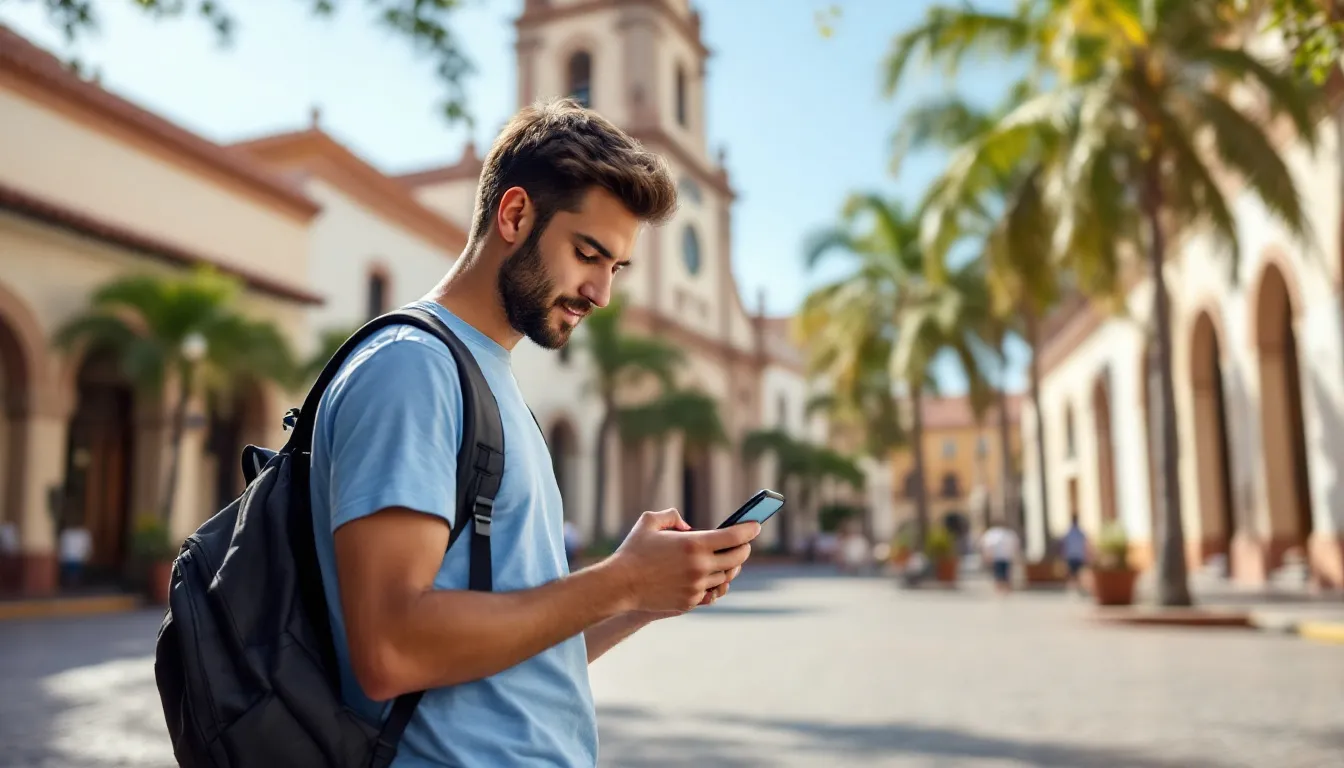 A tourist stands in a vibrant Mexican plaza, surrounded by colonial architecture, while using a smartphone to check the coverage map for their Verizon plan. They are likely considering how much data they will need for unlimited talk, text, and data during their trip to Mexico and Canada.