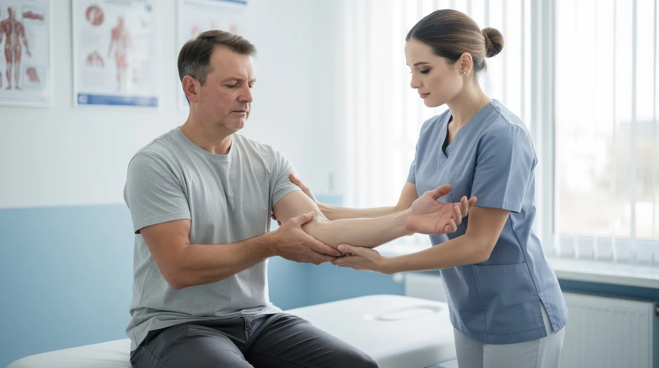 A person is engaged in physical therapy for their arm and elbow in a clinical setting, receiving treatment to aid recovery from a work-related injury. This scene highlights the importance of medical care and support for injured workers seeking to regain their strength and functionality.