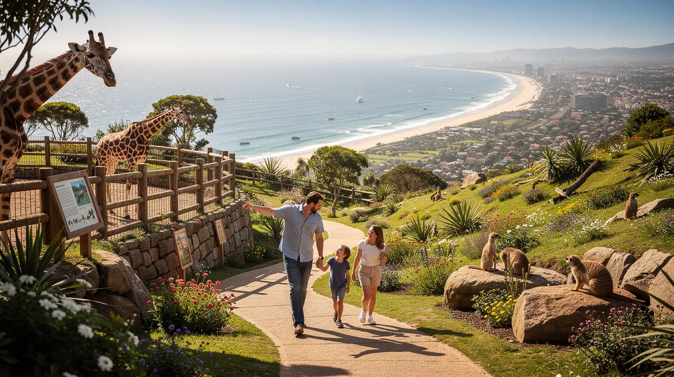 A family strolls through a hillside zoo, surrounded by lush greenery and enjoying panoramic views of the North Wales coast