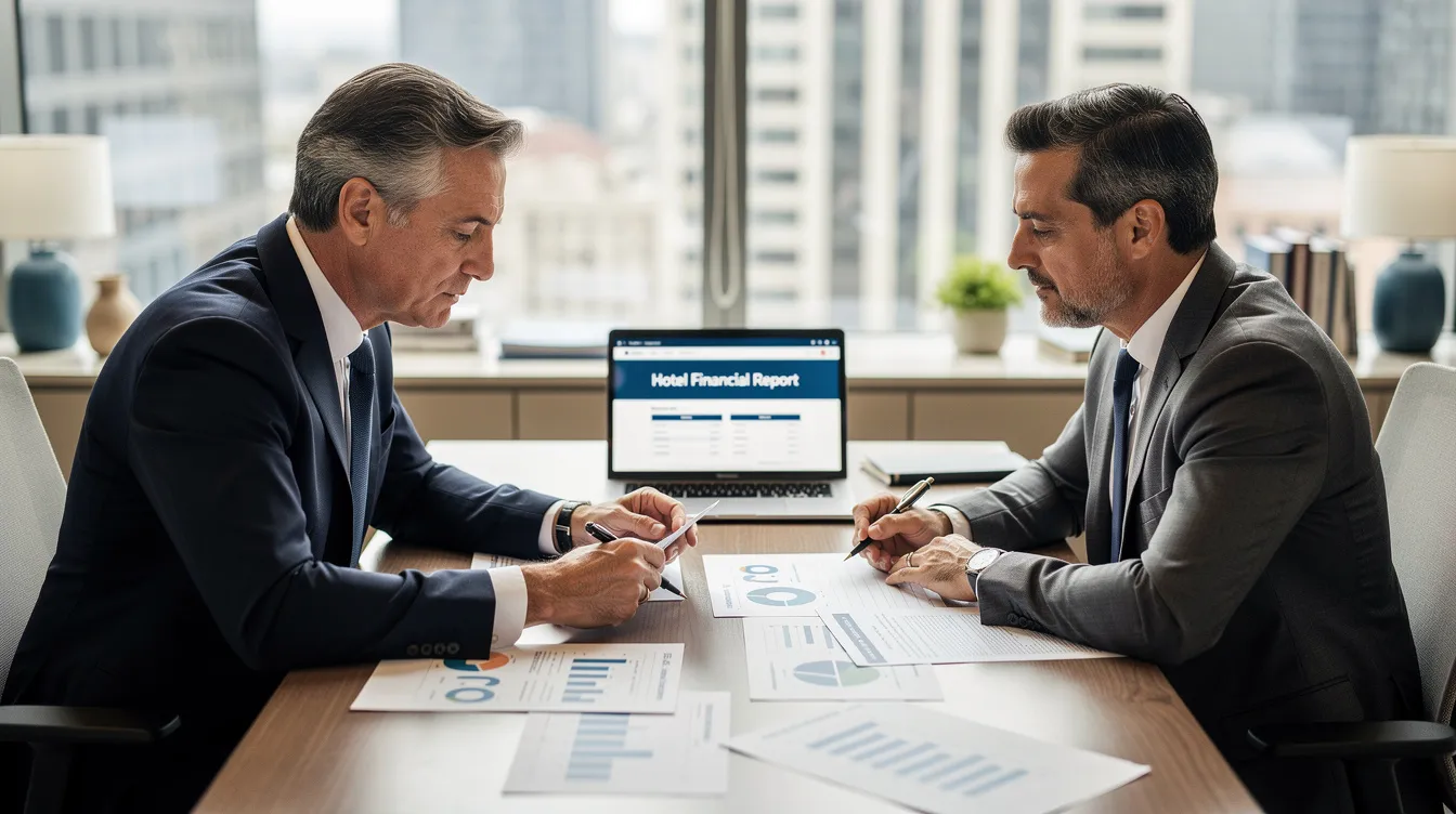 4ec01ac9 84f4 422f b87e 553d5f3101f8 The image depicts a professional meeting between a banker and a hotel owner, as they review financial documents at a desk. This interaction highlights the importance of effective cash management and working capital management in the hospitality business, focusing on financial obligations and daily operations.