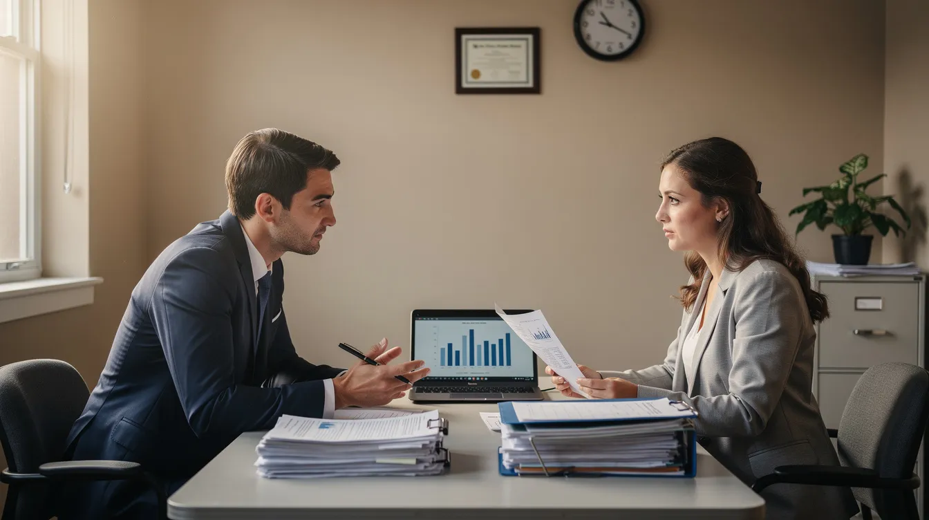 4ec22ed0 82ef 443b 8116 470f02f8ff1e The image depicts two professionals engaged in a discussion over financial papers on a table in a small office, likely reviewing important documents such as financial statements and a detailed project report to prepare a CMA report for bank loan approval. They appear focused on analyzing key financial ratios and the company's financial health to determine loan eligibility and repayment capacity.