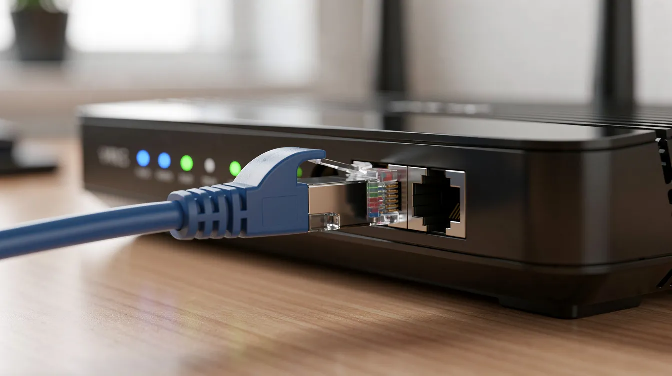 A close-up view of an ethernet cable connected to a modern Wi-Fi router, which features glowing indicator lights, is placed on a desk. This setup highlights the importance of a stable internet connection for streaming IPTV services and enjoying high-quality live TV channels.