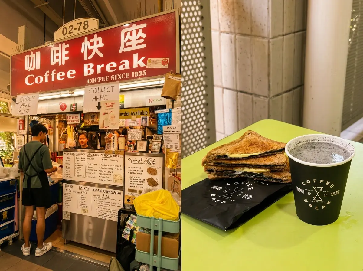 A split image showing a Singaporean hawker stall named "Coffee Break" on the left, with a customer ordering at the front. On the right, a toasted sandwich filled with black sesame and butter sits next to a black paper cup filled with a black sesame beverage on a bright green table.