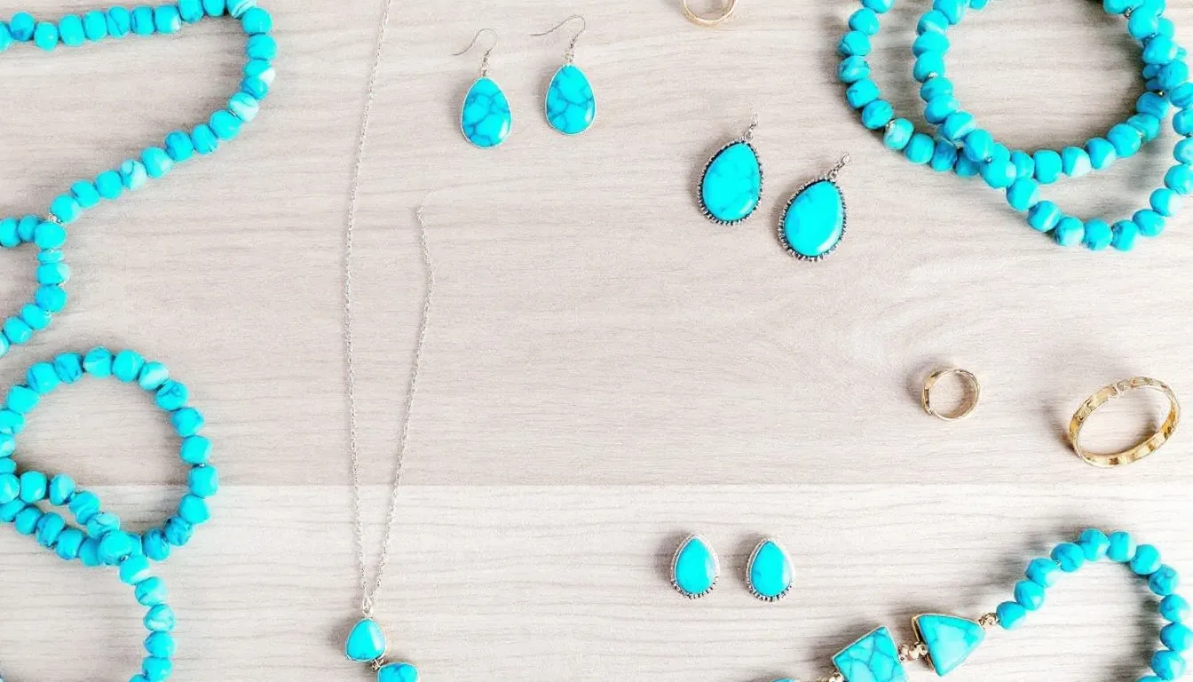 The image showcases an array of beautifully crafted turquoise jewelry pieces, including pendants and earrings, featuring various shades of blue, green, and hints of purple. Each gemstone, such as Mojave turquoise and Kingman turquoise, reflects a rich history and is believed to promote calm and confidence, making them treasured additions to any jewelry collection.