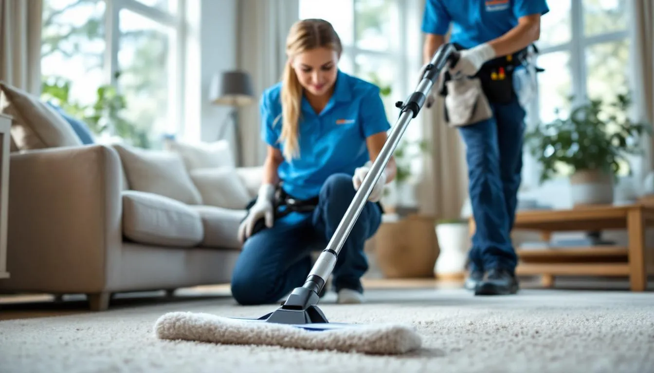 Top 3 Best Carpet Cleaning Home Tips for a Fresh and Spotless Floor 3 A professional carpet cleaner is seen pushing a wand across a beige carpet in a living room, with sunlight streaming through a nearby window. The scene highlights the cleaning performance of carpet cleaning machines as the cleaner works to remove dirt and stains from the carpet fibers.