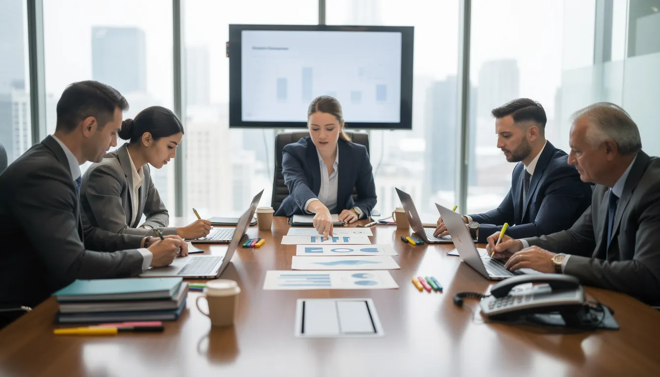 A group of business professionals is gathered in a meeting room, engaged in reviewing documents related to payment processing services. They are discussing strategies to improve customer experience and manage payments effectively, including topics like credit card payments and secure payment links.