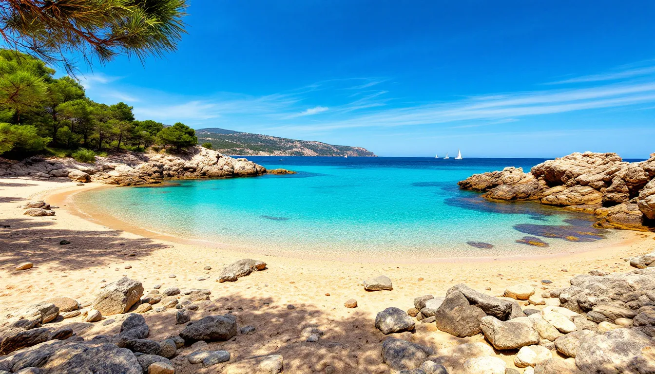 In this image, a tranquil secluded sandy cove in Alcudia, Cala D'Or, is depicted, featuring golden sands and clear blue waters, perfect for families seeking inclusive holidays in Majorca. The serene setting invites relaxation and exploration, showcasing one of the best beaches in the Balearic Islands.