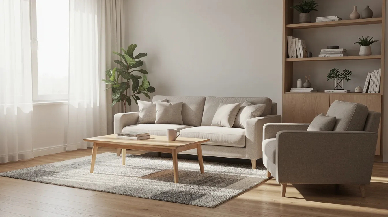 The image depicts a serene and organized living room filled with natural light, featuring comfortable seating that invites relaxation and promotes mental well-being. This calming environment reflects principles of trauma-informed care, providing a supportive space for trauma survivors to feel safe and at ease.