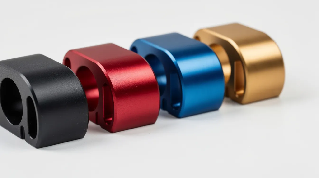 A row of anodized aluminum CNC parts in black, red, blue, and gold finishes is neatly arranged on a white surface, showcasing a variety of precision component pieces ideal for medium volume production. These high-quality parts exemplify the unmatched attention to detail and efficiency associated with CNC machine products.