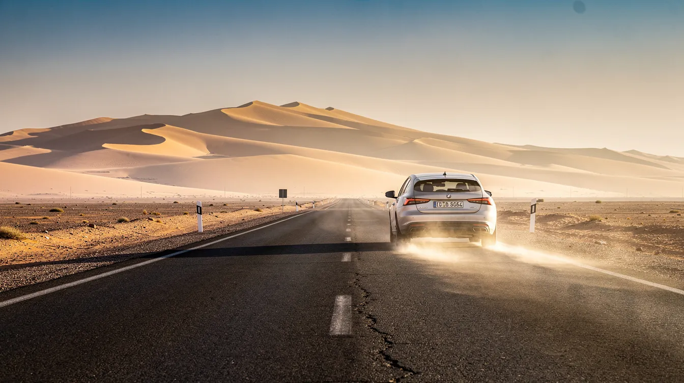 Un'auto di noleggio percorre una strada deserta del Marocco, circondata da maestose dune di sabbia che si estendono all'orizzonte. Questo paesaggio suggestivo rappresenta la libertà di esplorare il paese durante una vacanza indimenticabile.