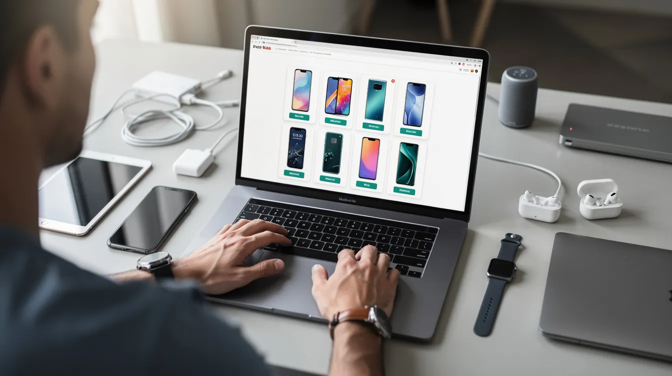 Eine Person scrollt auf einem Laptop durch einen Smartphone-Shop, während um sie herum verschiedene elektronische Geräte wie Handys und Smartwatches ausgestellt sind. Die Seite zeigt Bewertungen und Erfahrungen von Kunden, die über die Qualität und den Preis der Produkte informieren.