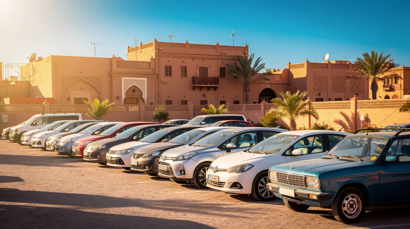 Un parking ensoleillé présente une variété de voitures alignées, avec en arrière-plan des bâtiments typiques marocains, évoquant l'ambiance de la location de voiture à Casablanca. Ce lieu, idéal pour les clients en quête de véhicules pour leurs déplacements, est parfait pour explorer la ville et ses attractions touristiques.