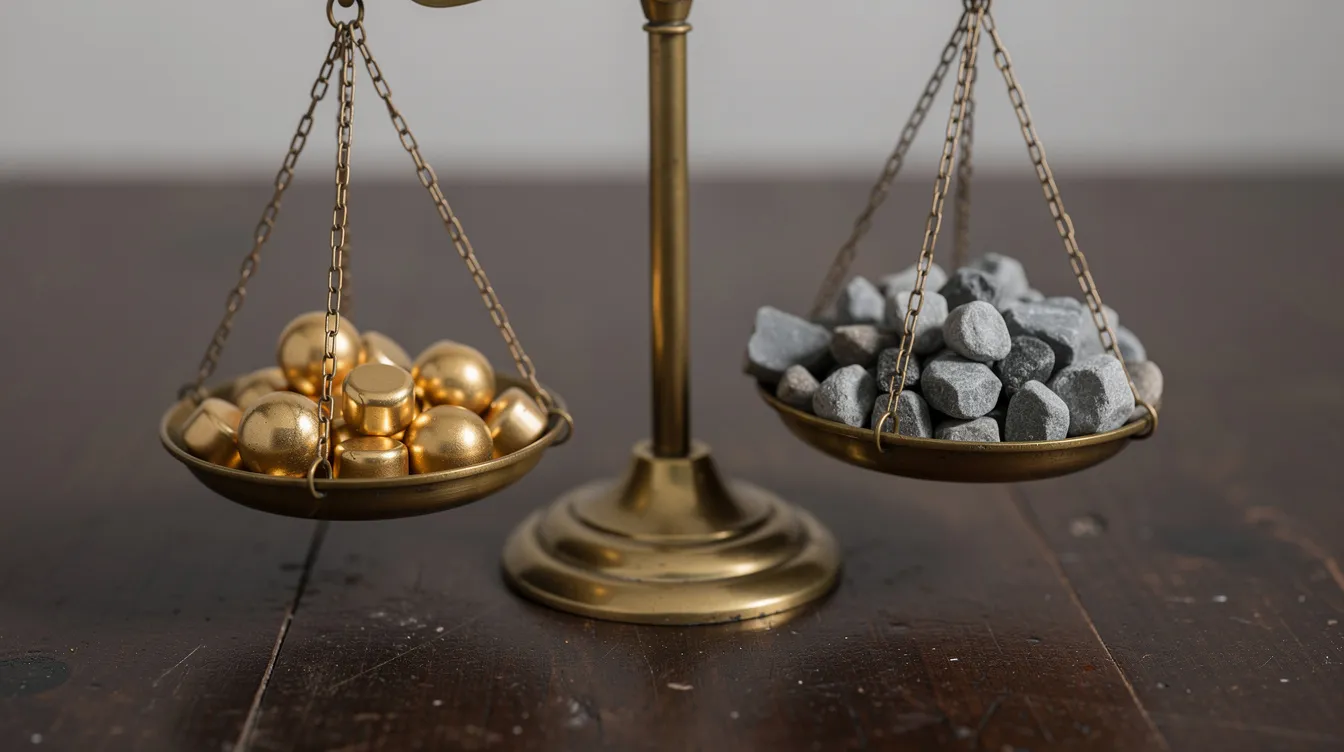 Auf der Waage befindet sich auf einer Seite eine geringe Anzahl goldener Gewichte, während die andere Seite mit vielen kleinen grauen Steinen beschwert ist. Diese Darstellung symbolisiert das Gleichgewicht zwischen hochwertigen Backlinks und der Quantität von Inhalten, was für eine erfolgreiche SEO-Strategie entscheidend ist.