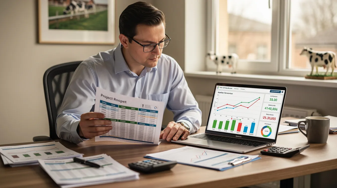 4ed18302 dbdd 4179 8bc9 78604c8e8cc4 A dairy entrepreneur is reviewing printed project report documents while seated next to a laptop displaying financial projections related to whey processing. The scene highlights the importance of economic analysis in the dairy processing industry, particularly in relation to whey protein products and their profitability analysis.