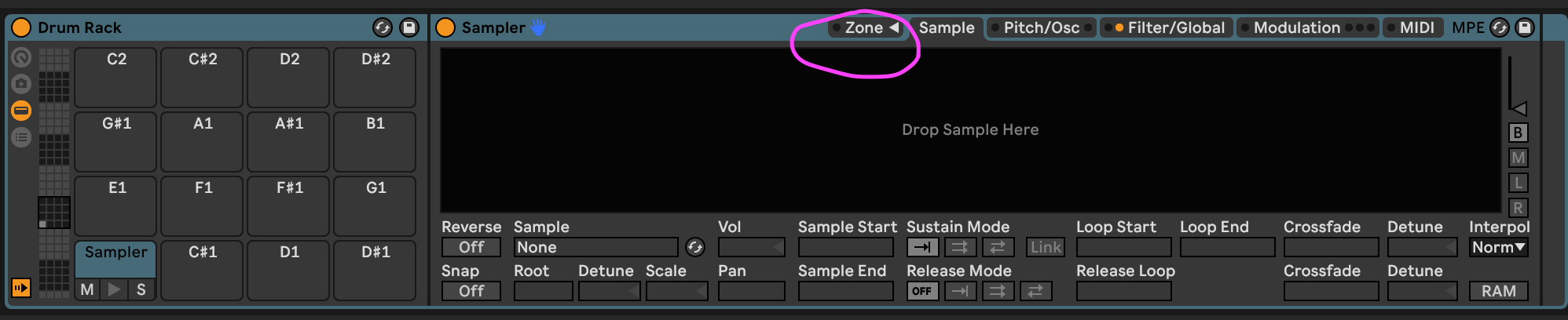 Zone menu in Sampler