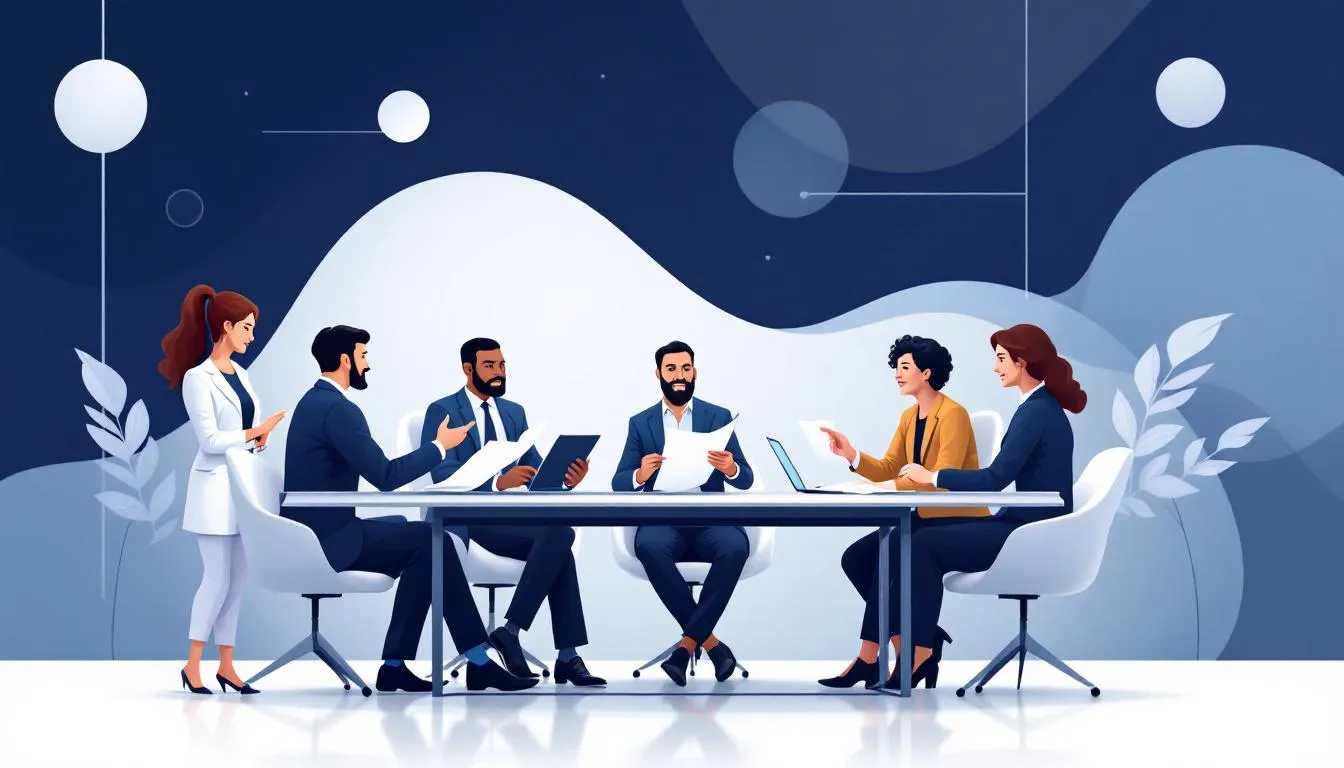 Illustration Of Business Professionals Collaborating In A Meeting With A Certified Zoho Consultant To Discuss Crm Implementation And Strategy Optimization.