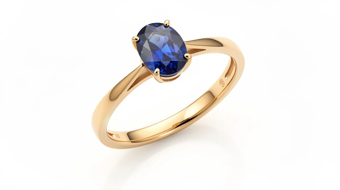 A stunning blue sapphire, displaying a vibrant hue, is elegantly set in a gold ring and photographed against a crisp white background, showcasing its brilliance and timeless appeal as a piece of fine jewelry. This exquisite gemstone is among the most valuable birthstones, making it a coveted choice for jewelry lovers.