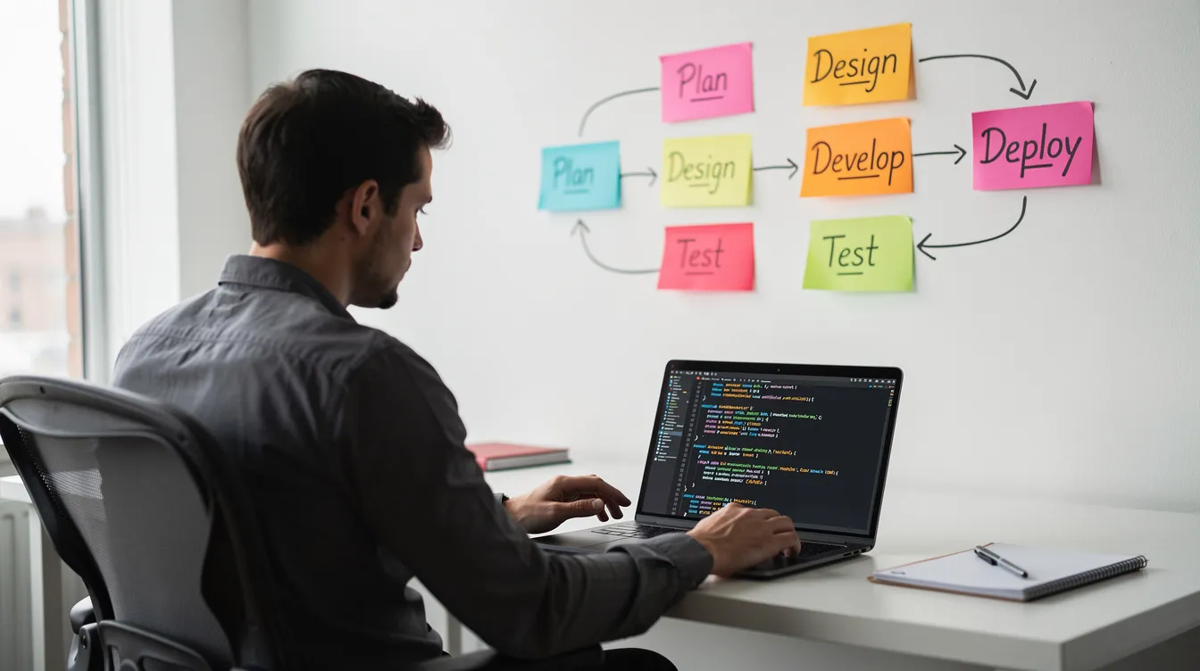 A developer is intently reviewing code on a laptop, surrounded by sticky notes on the wall that illustrate a workflow diagram, reflecting a structured approach to software development. This scene captures the essence of coding practices, showcasing the integration of traditional coding methods with modern tools for generating code and enhancing productivity.