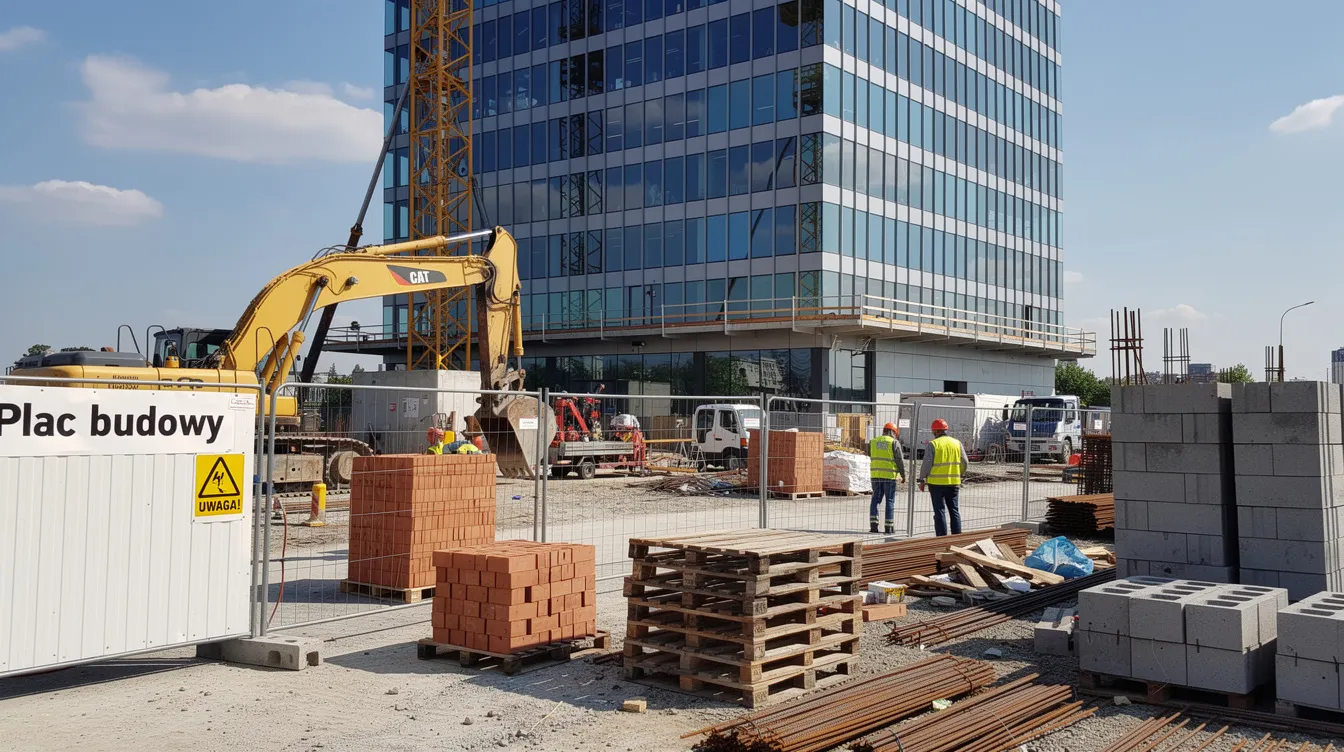 Na zdjęciu widoczny jest plac budowy z różnymi maszynami i materiałami budowlanymi, a w tle wznosi się nowoczesny biurowiec. Scena ilustruje dynamiczny proces budowlany, który może być wspierany przez systemy elektronicznego obiegu dokumentów, co pozwala na lepszą kontrolę i automatyzację obiegu faktur.