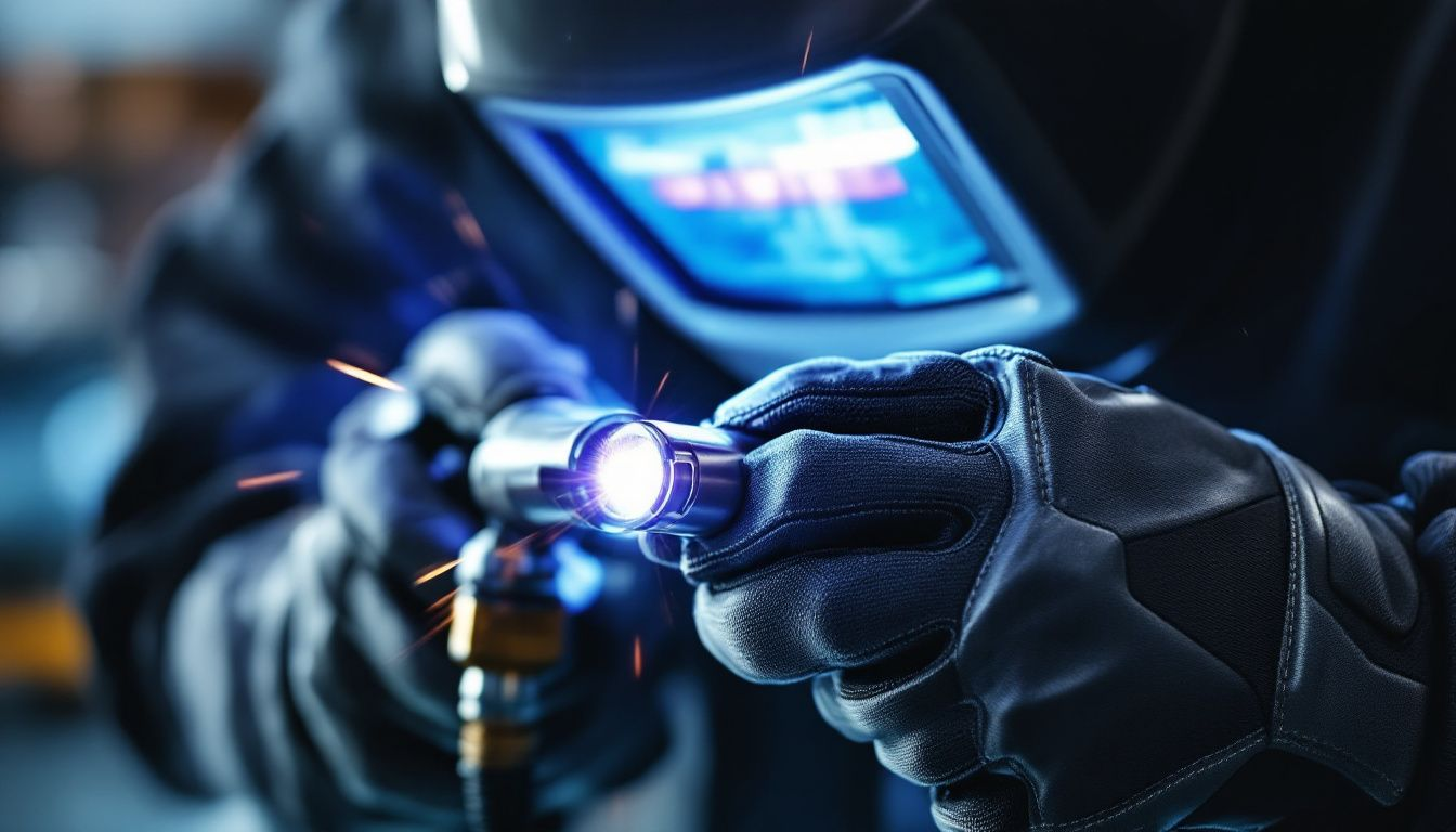 Safety equipment for TIG welding, including a welding helmet and gloves.