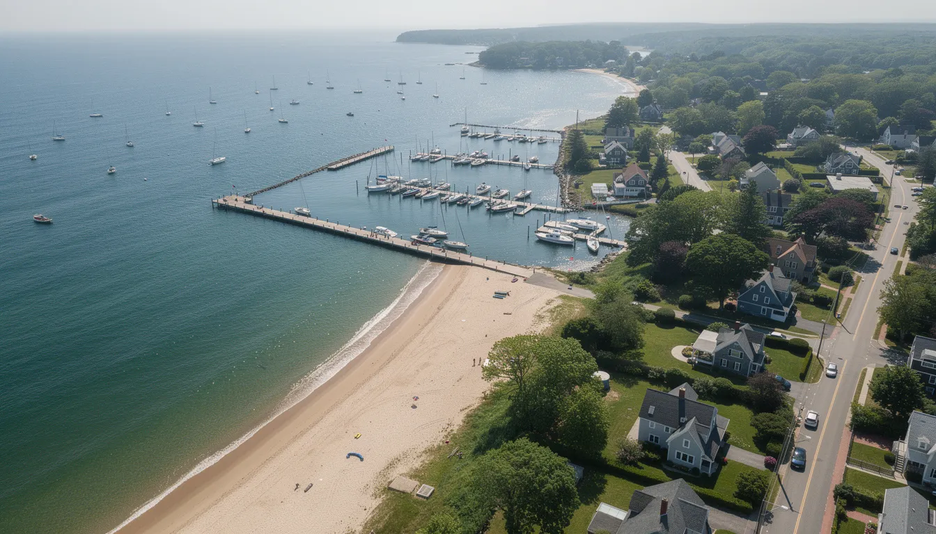 An aerial view of a picturesque coastal town in Connecticut showcases a sandy beach, a bustling marina filled with boats, and charming residential neighborhoods. This scene reflects the vibrant lifestyle and real estate opportunities in the area, appealing to many buyers looking for their dream home along the Connecticut coastline.