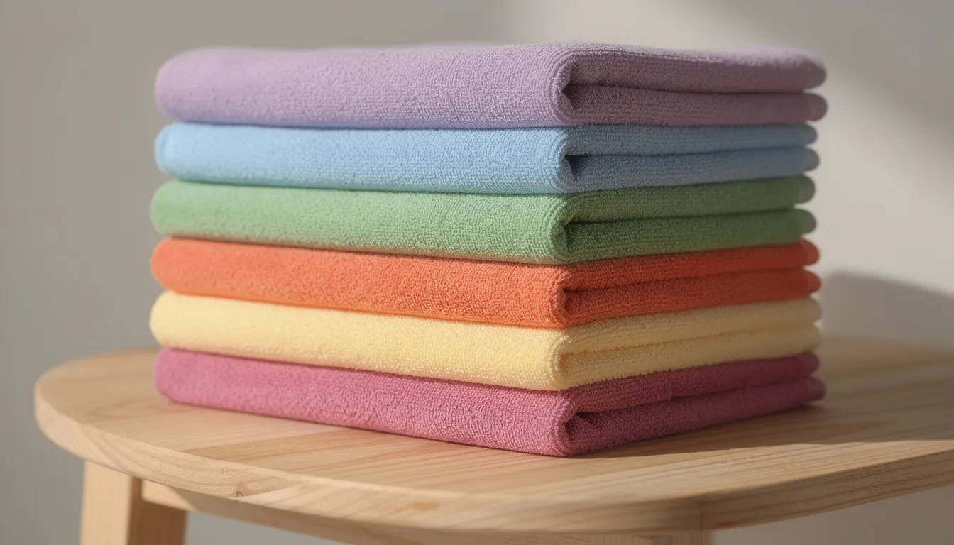 Na drewnianej półce znajduje się stos kolorowych ręczników frotte, które wyróżniają się miękką tkaniną i wysoką gramaturą. Ręczniki te mogą być personalizowane, co czyni je doskonałym pomysłem na praktyczny prezent lub gadżet reklamowy z logo firmy.