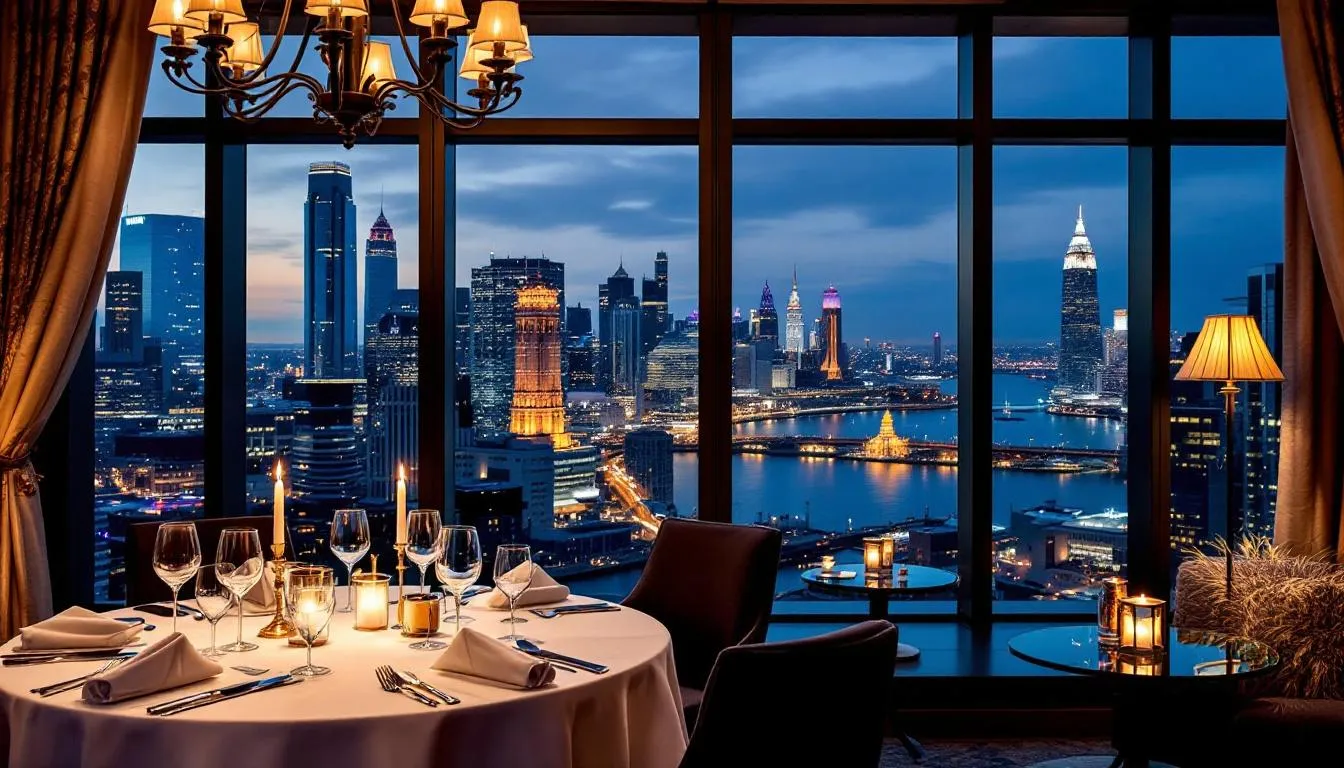 In this image, an elegant hotel restaurant features a beautifully set dining table with fine china and glassware, overlooking a stunning city skyline. The atmosphere combines sophistication and comfort, making it an ideal setting for guests seeking a memorable dining experience.