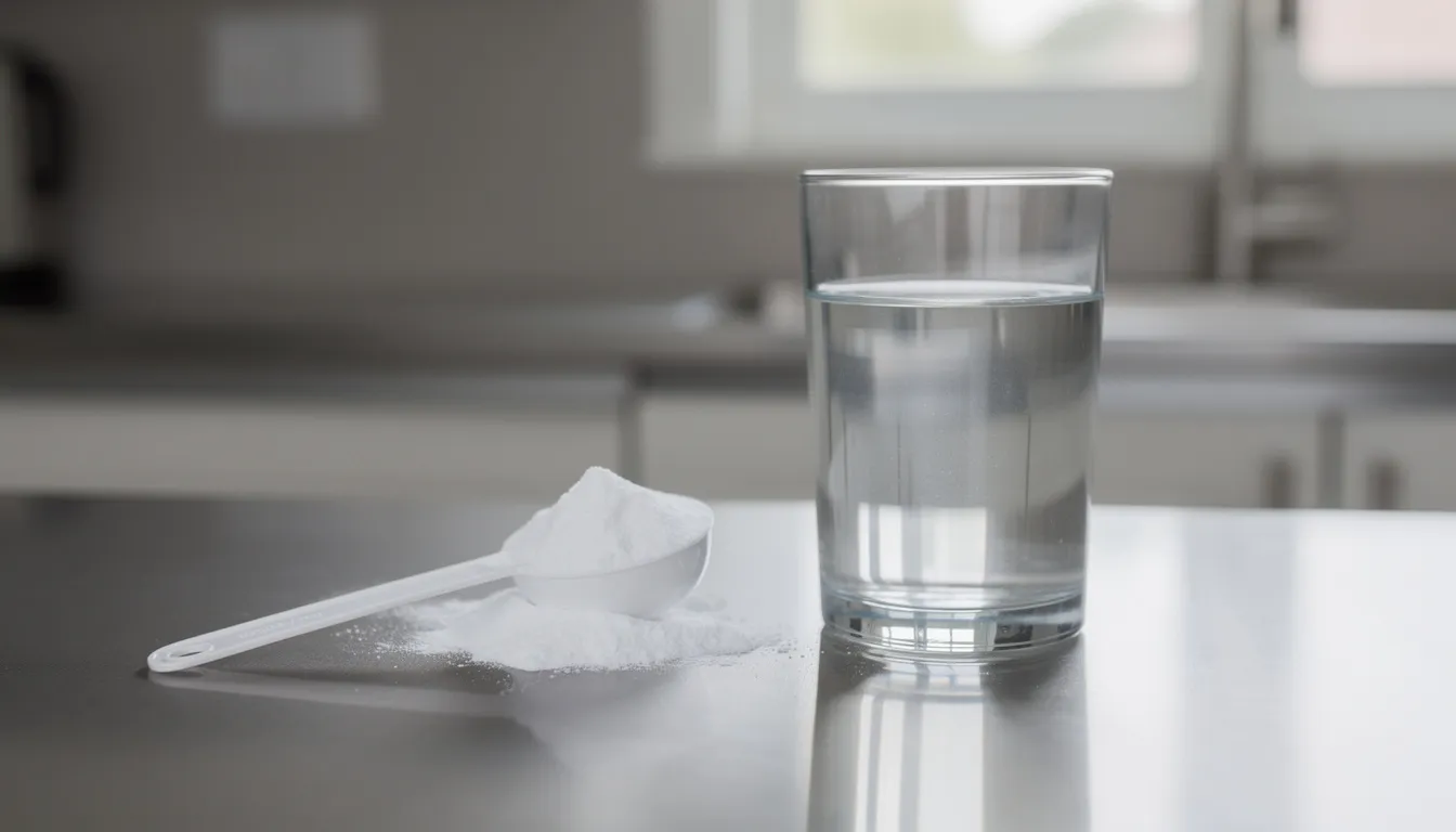 A scoop of white creatine powder sits next to a glass of water on a kitchen counter, illustrating a common scene for those considering creatine supplementation to enhance muscle growth and athletic performance. This dietary supplement is often used to support muscle recovery and maintain muscle mass during intense workouts.