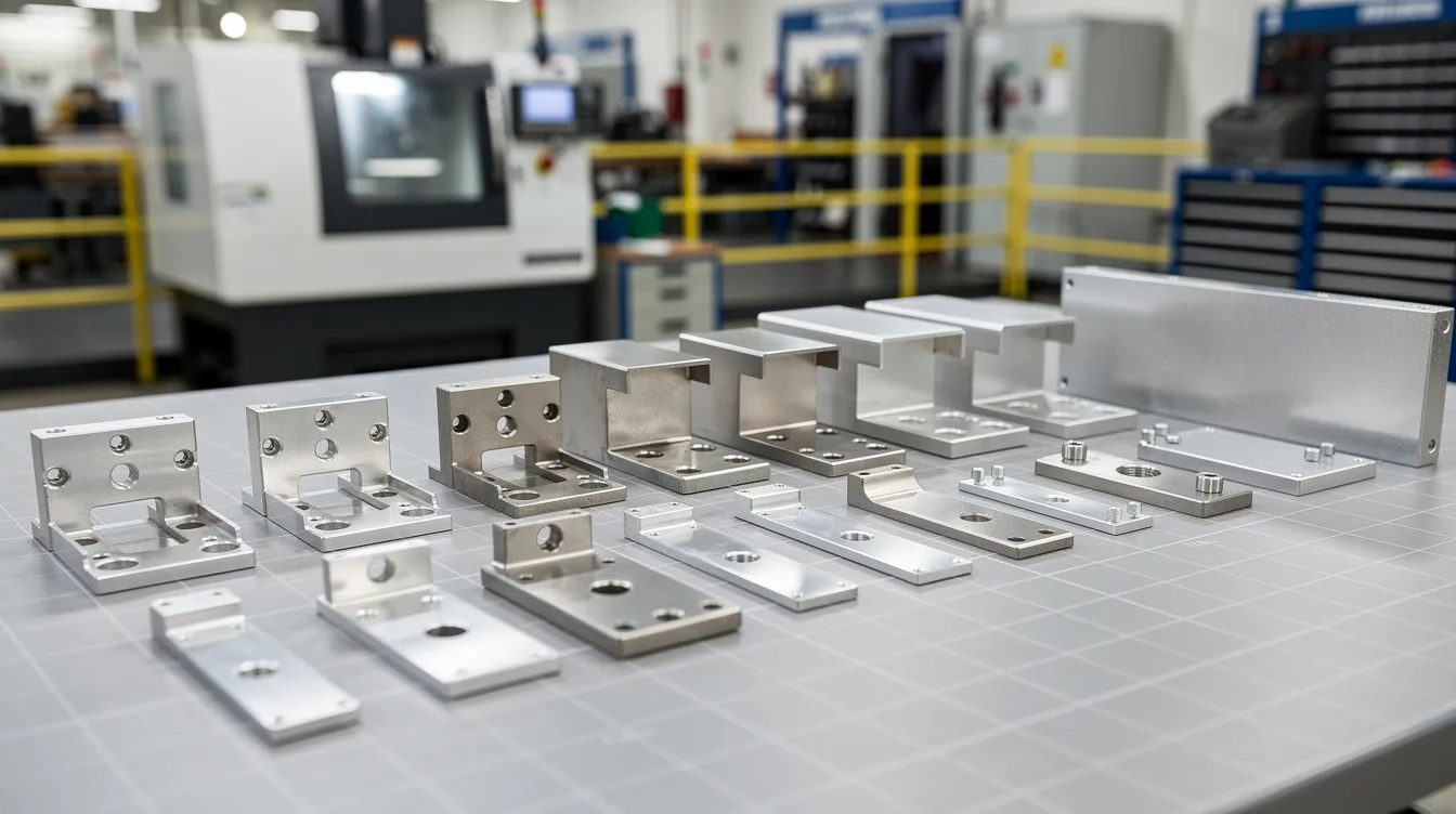The image shows a variety of precision metal brackets and enclosures meticulously arranged on an inspection table within a factory setting, highlighting the quality control aspect of custom sheet metal fabrication services. These precision sheet metal parts, likely made from stainless steel or aluminum, are essential for various industrial applications.