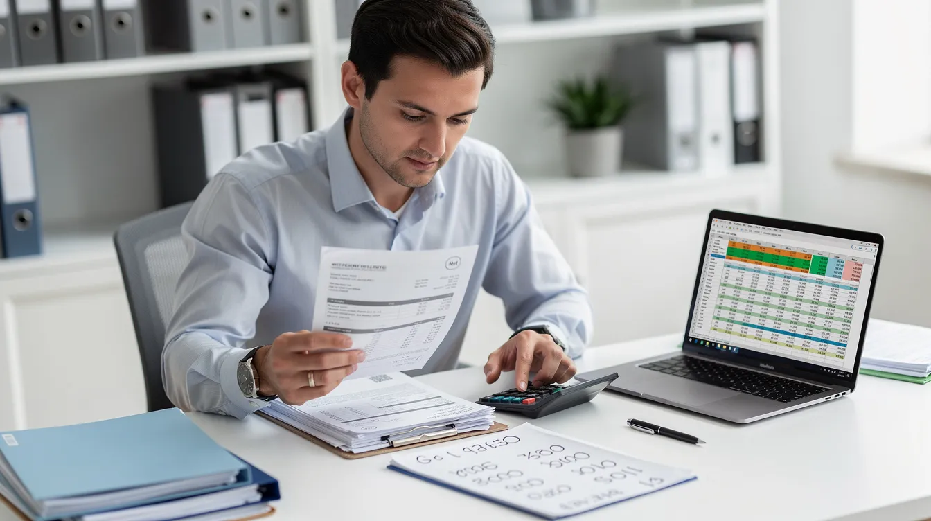 A business owner is intently reviewing financial documents on a laptop while using a calculator, likely assessing their eligibility for the employee retention tax credit (ERC) to maximize potential refunds. This scene highlights the importance of understanding the ERC filing process and the role of tax professionals in securing crucial funds for small businesses.