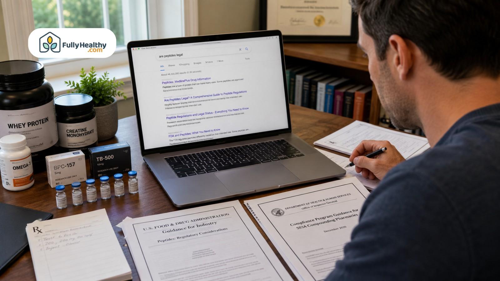 Man researching peptide legality beside supplements and FDA guidance documents